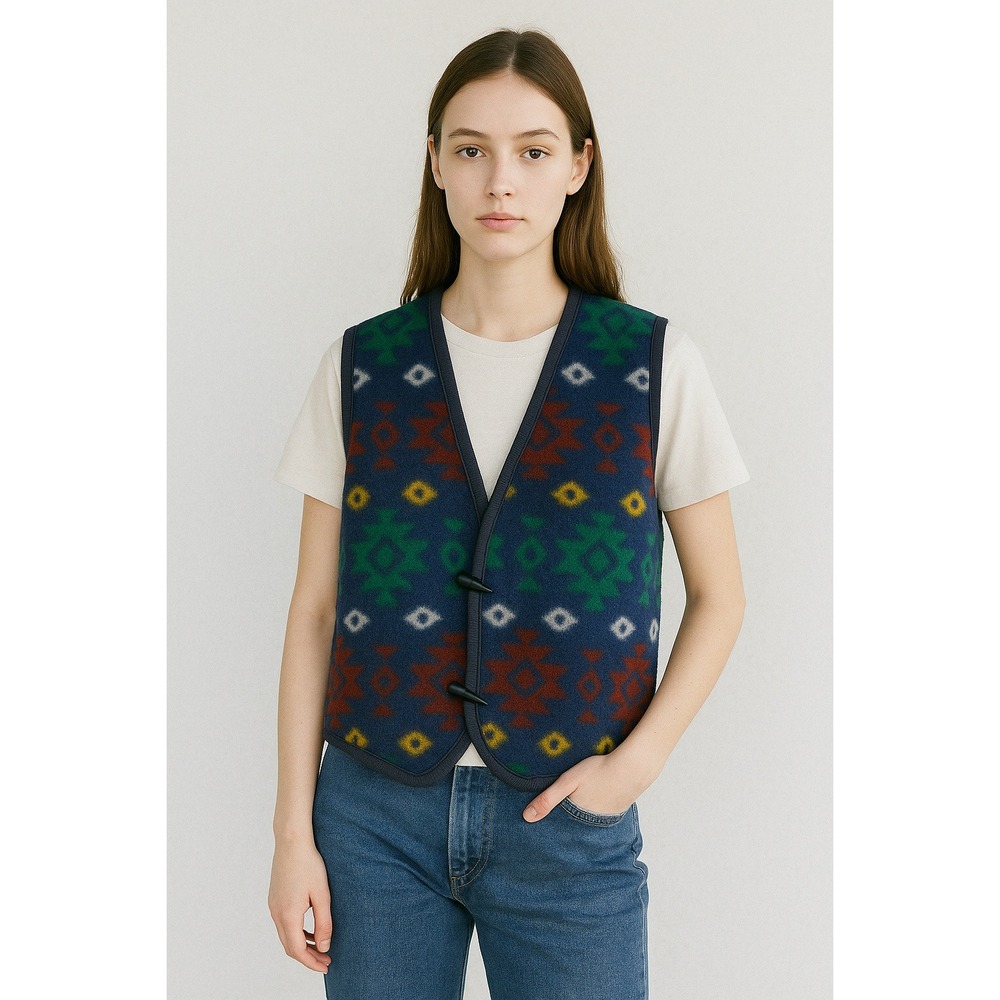 David Wayne Aztec Fleece Vest Womens M Blue Red Green Geometric Boho‎ Vtg Artsy